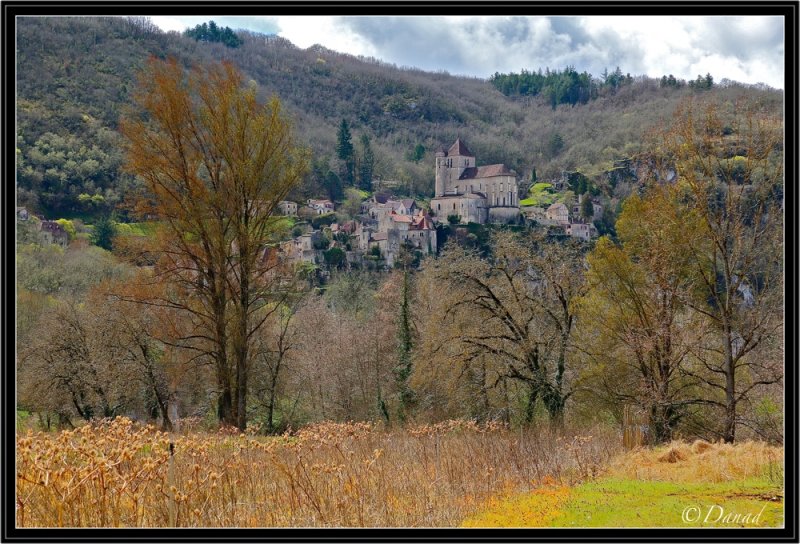 St Cirq Lapopie from the windy valley.