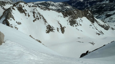 Looking down the 40 steep couloir