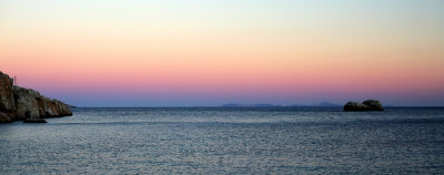 Sunset from Folegandros - Karavostasis. Santorini (center) is ~44km away