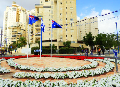 The streets are decorated with Israeli, Australian and New Zealand flags 31 Oct, 17