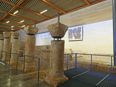 Inside the Byzantine Church with its ancient mosaic floor and columns