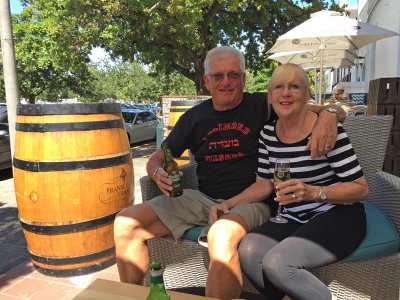 Rene and Dave enjoying a wine and beer in the Sallenbosch region of South Africa 26 Jan, 18