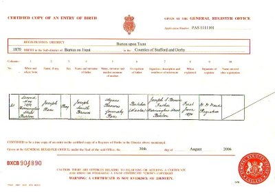 Joseph Rose Brown - Burton 1870 birth cert.