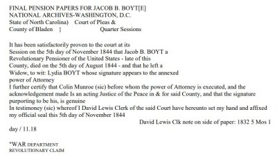 Jacob B. Boyte rev war payments to widow Lydia 1844