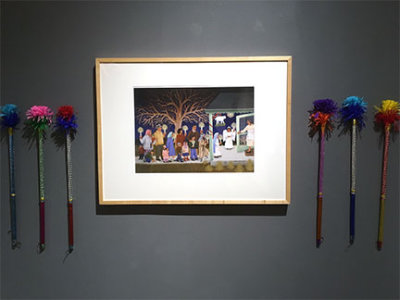 Piñata sticks and print by Carmen Lomas Garza