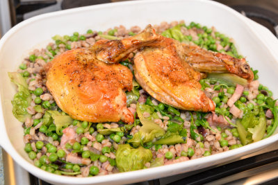 Guinea Fowl with Spelt, Bacon and Peas