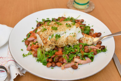 Cod with Borlotti Beans and Bacon