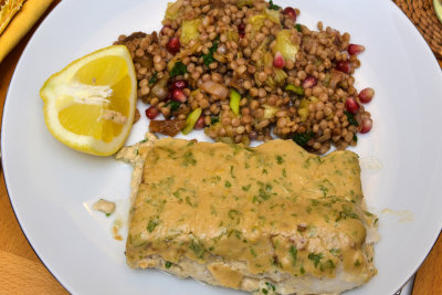 Cod with Tahini, Aubergine & Giant Couscous