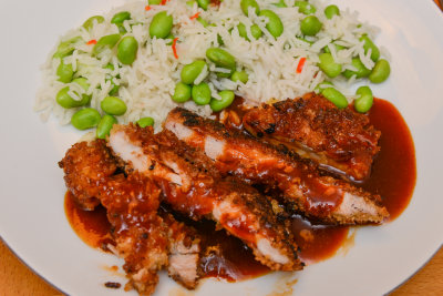 Chicken Katsu with Chilli Sauce, Edamame Beans and Rice
