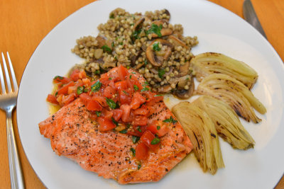 Wild Salmon with Spelt Risotto and Charred Fennel