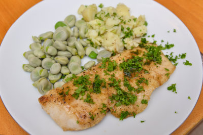 Hake with Crushed New Potatoes and Broad Beans.