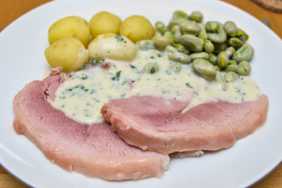 Baked Ham, Broad Beans and Parsley Sauce