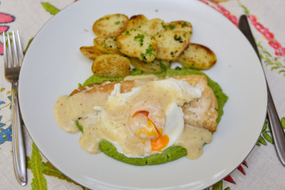 Smoked Haddock with Pea Purée, Poached Egg and Parmesan Sauce