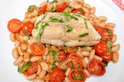 Roast Halibut with Cannellini & Cherry Tomato Stew