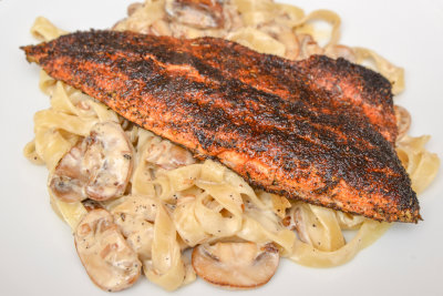 Cajun-Blackened Trout with Mushroom Tagliatelle