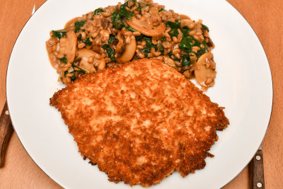 Chicken Schnitzel with Mushroom Spelt Risotto
