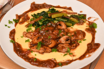 Chicken Chausseur, Swiss Chard and Polenta