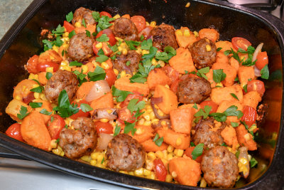 Sausage, Sweet Potato and Corn Traybake