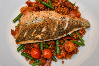 Sea Bass with Giant Couscous and Chorizo