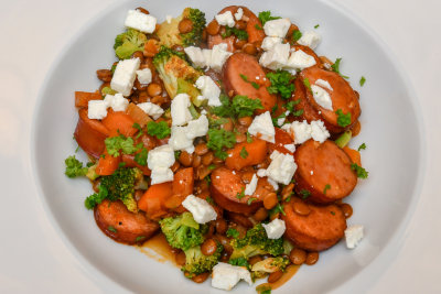 Kielbasy Sausage Stew with Lentils, Carrots, Broccoli and Feta