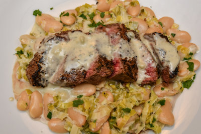 Fillet Steak with Stilton Sauce, Butter Beans and Leeks