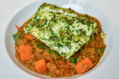 Coriander Cod with Lentil and Sweet Potato Dhal