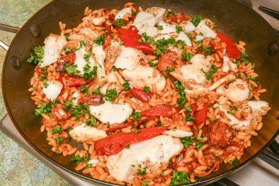 Cod with Chorizo and Orzo