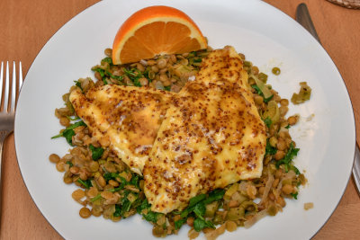 Sea Bass with Orange Mustard Sauce and Lentils
