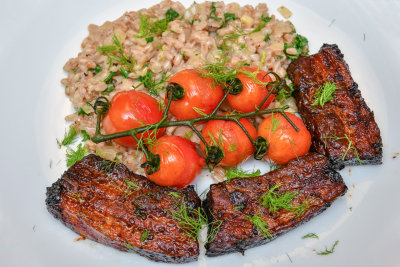 Pork Belly with Fennel Spelt Risotto and Roast Tomatoes