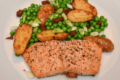 Roast Salmon with New Potatoes, Peas and Bacon