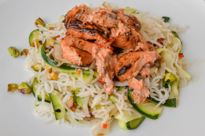 Trout with Rice Noodles, Courgette Ribbons and Pistachios