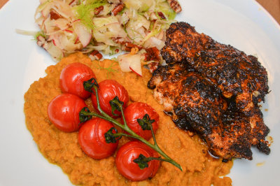 Spiced Chicken with Carrot Puree and Apple Fennel Salad