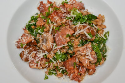 Spelt Risotto with Pancetta, Mushroom and Spinach