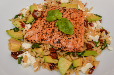 Salmon and Orzo with Sun-Dried Tomatoes, Avocado and Feta