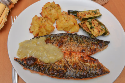 Mackerel with Gooseberry Sauce, Crushed Potato Croquettes and Roast Courgettes