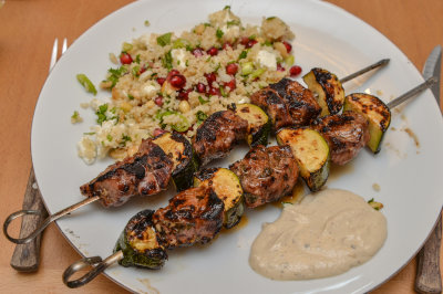 Lamb and Courgette Kebabs with Tahini Sauce and Couscous