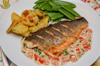 Fillets of Sea Bass with Pepper, Chilli and Basil Cream Sauce
