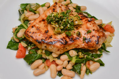 Swordfish with Salsa Verde, Beans and Swiss Chard