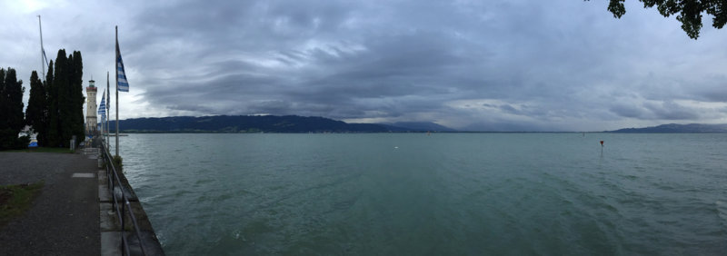 Panorama of Lake Constance from Lindau on a cloudy day