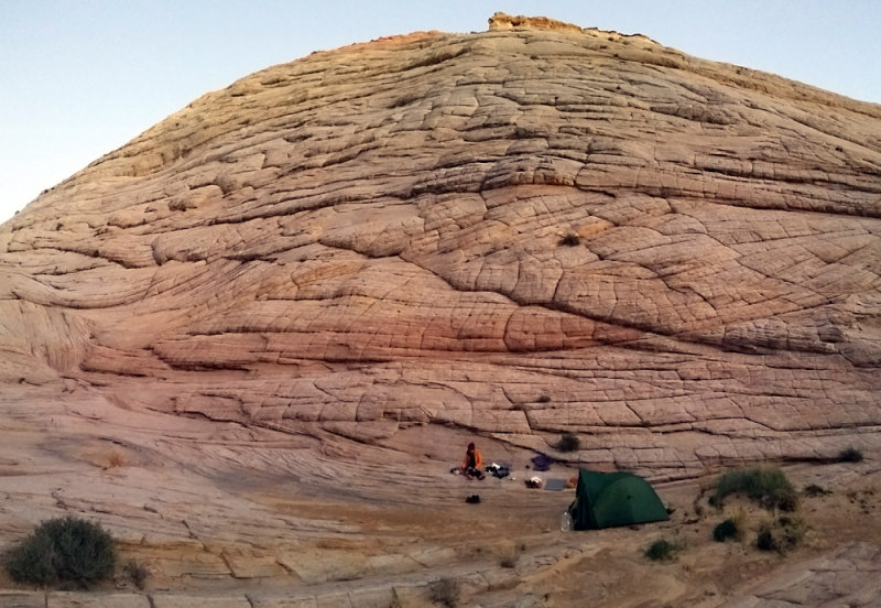 Notch camp at Steve Allens 'wonderful slickrock-floored canyon with pines and string of potholes'