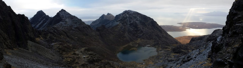 Jan 19 Skye Coir a Ghrunnda panorama out to Soay and Rum