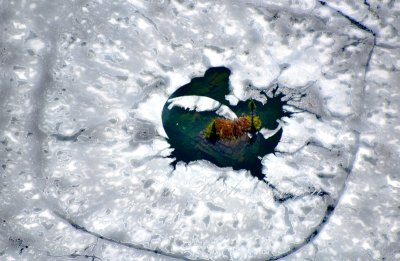 Island in frozen Horsehoe Lake, Cascade Mountains, Washington 246