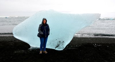 Katherine and Icebergs on Diamond Beach, by Jökulsárlón glacial lagoon, Iceland 683 