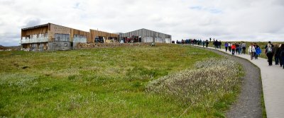 Large number of tourists at Gullfoss Waterfalls tourist center, Iceland 390 