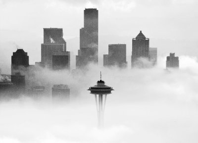 Space Needle, Center of Attention, Downtown Seattle above Fog, Washington 298b 