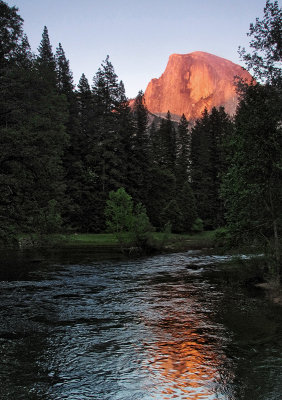 Half Dome upstream from Merced River, from Sentinel Bridge. 5/24/12, 7:45 PM.  #2593