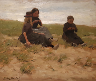 Willy Martens. Three girls knitting in the dunes.