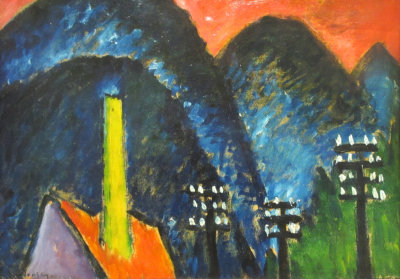 Blue mountains. Landscape with yellow chimney. 1912.
