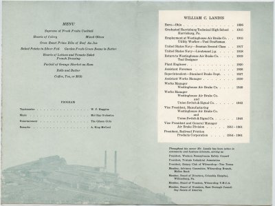 Bill Landis Testimonial Dinner 1961 brochure interior