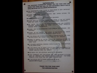 This is the list of rules for the reserve we found posted in our room.